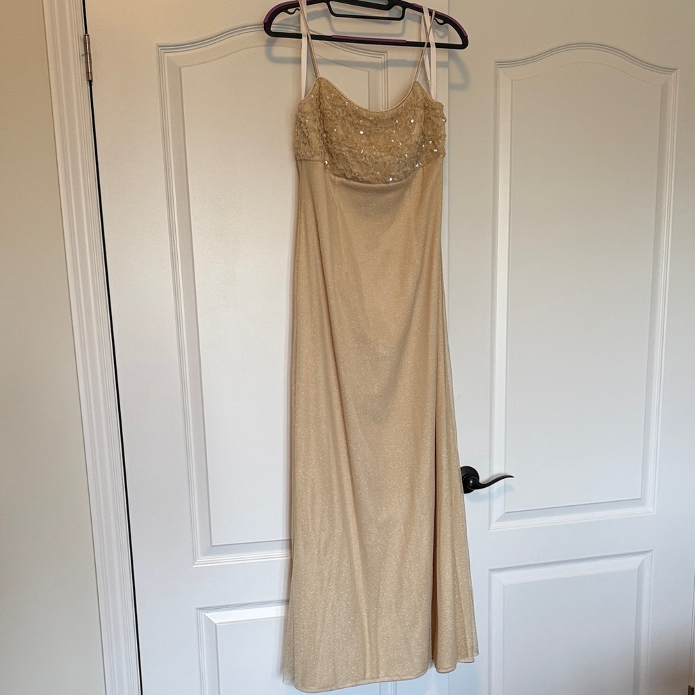 Beige/Gold Sequin-Embellished Strapless Evening Dress